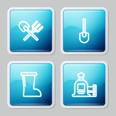 Kürek ve tırmık, su geçirmez lastik bot ve tam çuval tahta kutu ikonu. Vektör.