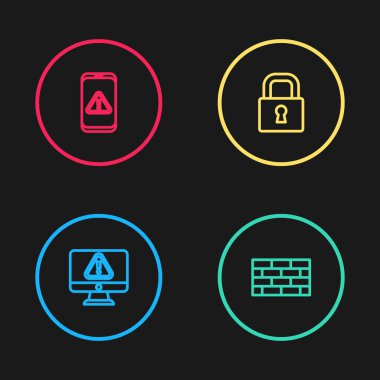 Hat monitörünü ünlem işareti, güvenlik duvarı, güvenlik duvarı, Lock and Mobile simgesi ile ayarla. Vektör.