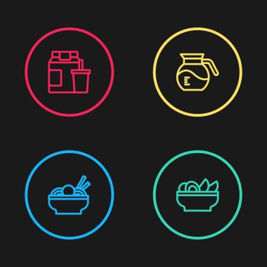 Asya eriştelerini kaseye koy, nachos tabağı, kahve demliği ve online sipariş ve teslimat ikonu. Vektör.