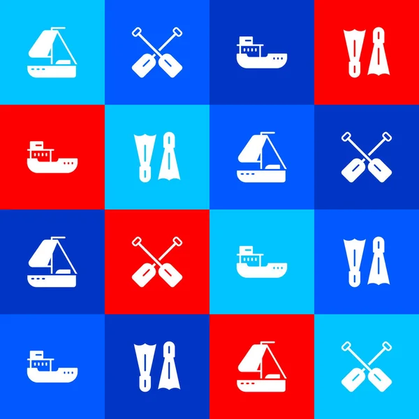 Set Yacht Sailboat Paddle Cargo Ship Flippers Swimming Icon Vector — Vettoriale Stock