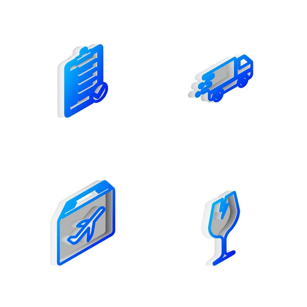 Set Isometrische Linie Lieferwagen Bewegung Überprüfung Der Lieferliste Flugzeug Und — Stockvektor