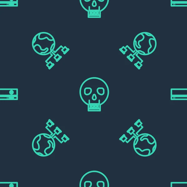 Set Line Skull Computer Network Video Game Console Seamless Pattern — Stock vektor