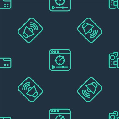 Çevrimiçi oyun videosu, Hoparlör sesi ve sinema kamerasını kusursuz desen üzerine ayarla. Vektör.