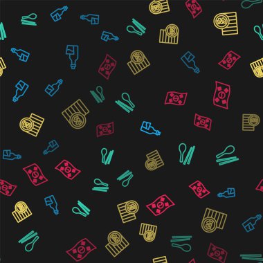 Soju şişesi, yemek çubukları, Güney Kore 'nin kazandığı bozuk para ve kusursuz desenli bayrak. Vektör.