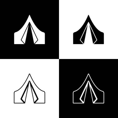 Siyah beyaz arkaplanda izole edilmiş bir turist çadırı simgesi belirleyin. Kamp sembolü. Vektör İllüstrasyonu.