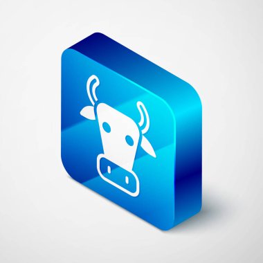 Gri arkaplanda Isometric inek simgesi izole edildi. Mavi kare düğme. Vektör.