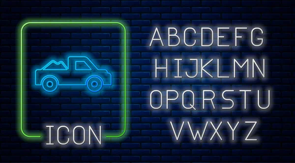 Icona Luminosa Neon Pickup Camion Isolato Sfondo Muro Mattoni Alfabeto — Vettoriale Stock