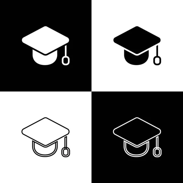 Ορισμός Εικονιδίου Καλύμματος Αποφοίτησης Απομονωμένο Ασπρόμαυρο Φόντο Καπέλο Αποφοίτησης Φούντα — Διανυσματικό Αρχείο