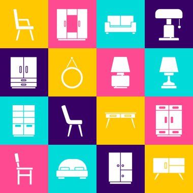 Sandık Çekmecesi Gardırop Masa Lambası Koltuk Ayna Koltuğu ve ikon. Vektör.