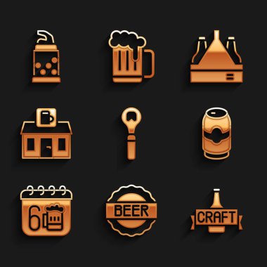 Bira şişesi bira kutusu kutusuyla şişe açacağı kapağını ayarlayın. Saint Patrick Günü takvimi. Dükkan malzemeleri ve ikon mağaza binası. Vektör.