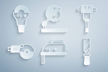 Tahta işçiliği ve simge için elektrikli yapboz inşaat matkabı açıcı Rasp metal dosya tablosunu ayarlayın. Vektör.