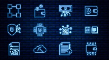 Kriptopara cüzdanını, devre işlemci çipi dolar kalkanı blokzinciri teknolojisi ASIC Miner ve simgesi olan akıllı kontrat bitcoin olarak ayarla. Vektör.