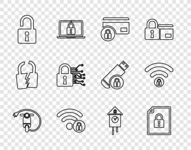 Elektrik scooter Belgesi hattını ayarlayın ve kredi kartını Wifi ile birlikte kilitleyin. Açık asma kilit siber güvenlik duvar saati ve simgesi. Vektör.