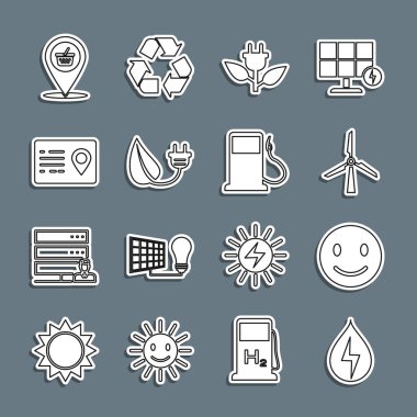 Set line Water energy Smile face Wind turbine Electric saving plug leaf Address book Location shopping basket and Petrol or Gas station icon. Vector.