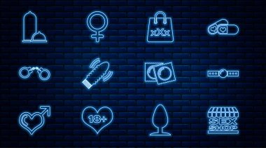 Set line Sex shop building Silicone ball gag Shopping bag with triple X Dildo vibrator for sex games Handcuffs Condoms safe package and Female gender symbol icon. Vector.