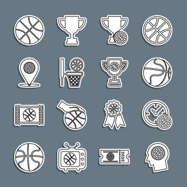 Basketbol ödülü kupası, konumu ve ikonu olan bir basketbol saati üzerine çizgiler çiz. Vektör.