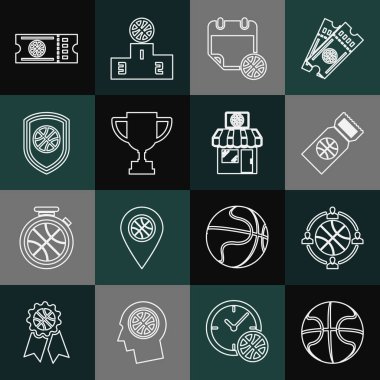 Spor takvimi ödüllü kupaya basketbol stratejisi bileti belirle. Basketbol, spor mağazası ve ikon. Vektör.
