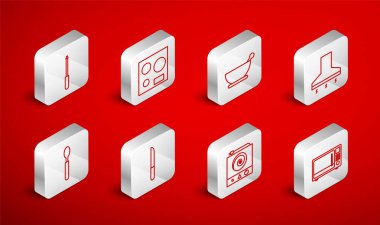 Mikrodalga fırın elektrikli soba havan ve pestle mutfak sökücü fanı bıçak açacağı ve kaşık ikonu ayarlayın. Vektör.