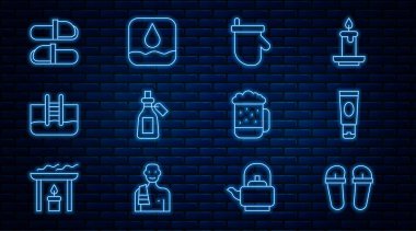 Terlik kremi ya da losyon kozmetik tüp eldiveni merdiven terlikleri ahşap bira bardağı ve su damlası ikonu ile gerekli yağ şişesi yüzme havuzunu ayarla. Vektör.