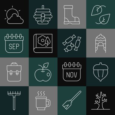 Çıplak ağaç meşe palamudu şapkalı su geçirmez botlu Herbarium Eylül ayı takvimine sonbahar güneşi ve bulutlu hava ve şeker ikonu. Vektör.
