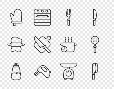 Hat Tuzlu Et Helikopteri Barbekü Çatalı Elektrikli Fırın Eldiven Kesme tahtası, Bıçak Pulları ve Spatula ikonu. Vektör.