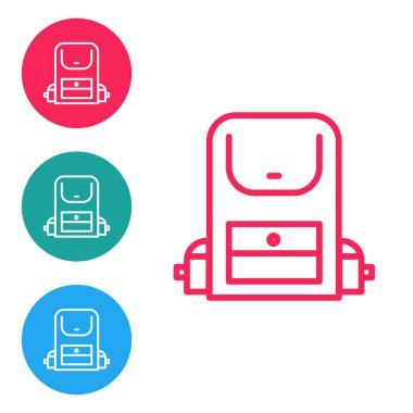 Kırmızı çizgi Yürüyüş sırt çantası simgesi beyaz arkaplanda izole edildi. Kamp ve dağ gezisi sırt çantası. Simgeleri daire düğmelerine ayır. Vektör.