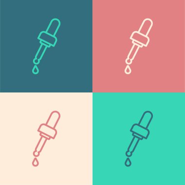 Popüler sanat serisi Pipette 'in yağ ikonu renkli arka planda izole edilmiş. Organik aromaterapi özü. Cilt bakımı serumu cam bırakma paketi. Vektör.