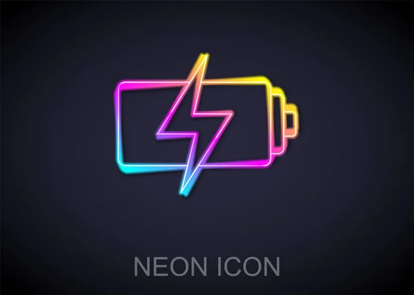Linea Neon Luminosa Icona Batteria Isolata Sfondo Nero Simbolo Fulmine — Vettoriale Stock