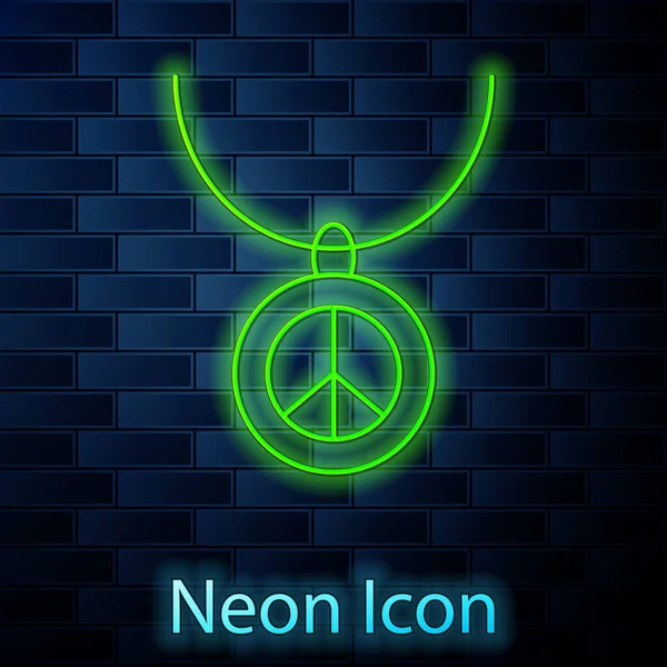 Glowing Neon Line Necklace Peace Symbol Icon Isolated Brick Wall — Vector de stock