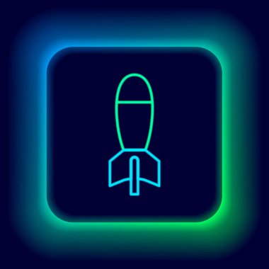 Parlayan neon hattı roket fırlatıcı ve siyah arka planda izole edilmiş bir füze ikonu. Renkli taslak konsepti. Vektör.
