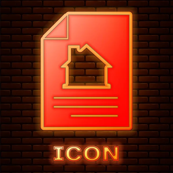 Glowing Neon House Contract Icon Isolated Brick Wall Background Contract — Stock Vector