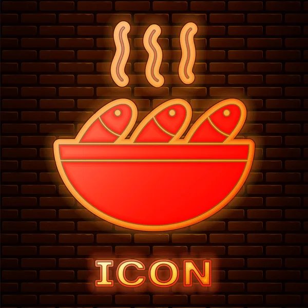 Glowing Neon Fish Soup Icon Isolated Brick Wall Background Vector — Stock vektor