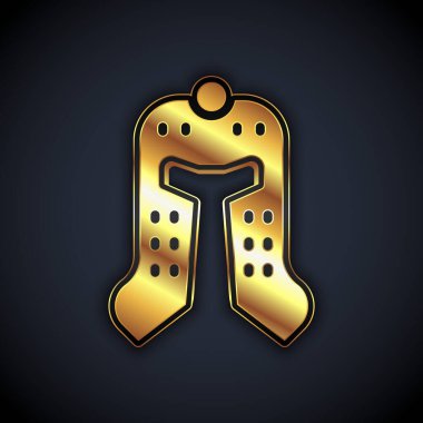 Gold Medieval iron helmet for head protection icon isolated on black background. Vector.