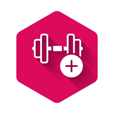 Beyaz Dumbbell simgesi uzun gölge arkaplanı ile izole edilmiş. Kas kaldırma, fitness halteri, spor malzemeleri. Pembe altıgen düğmesi. Vektör.