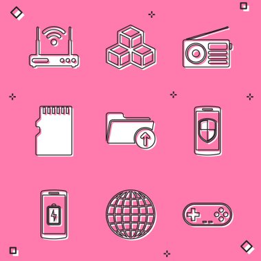 Yönlendirici ve wi-fi Isometric küp Radyo Mikro SD hafıza kartı indir okunu klasör ve Smartphone kalkan simgesi ile indir. Vektör.