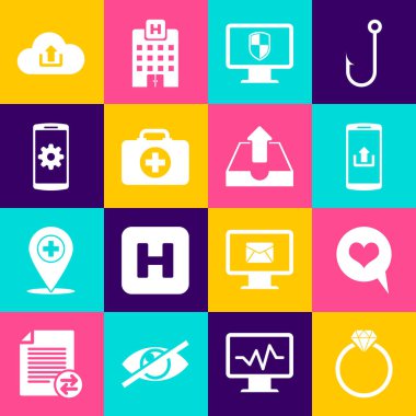 Diamond nişan yüzüğü konuşma balonu Smartphone 'u Monitör ve kalkan ilk yardım kiti ve akıllı telefon simgesi ile ayarla. Vektör.