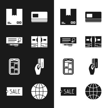 Stacks kağıt para nakit para bankası çeki ve trafik sembollü karton kutu ile kredi kartı online alışveriş telefonu Hand 'i dünya çapında ve Price etiketli metin ikonuna ayarla. Vektör.