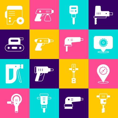 Elektrikli el yapımı beton karıştırıcı testere bıçağı kablosuz tornavida planör elektrikli jeneratör ve yapboz simgesini ayarla. Vektör.