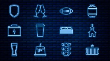 Hat ısıtma radyatörü kilisesi Amerikan Futbolu Kahve fincanı araba akü kalkanı para ve şampanya ikonu inşa ediyor. Vektör.