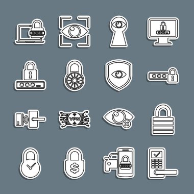 Set line Digital door lock with wireless Lock Password protection Keyhole eye Safe combination wheel Laptop password and Shield and icon. Vector.