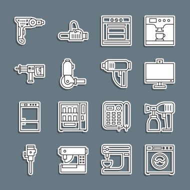 Çamaşır boyası sprey tabancası bilgisayar monitörü fırın açılı öğütücü çekiç matkabı elektrikli ve endüstriyel kurutma ikonu. Vektör.