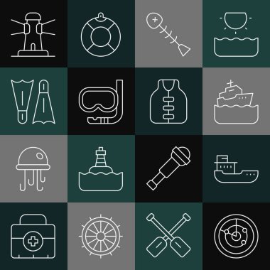 Radar 'ı hedef alan kargo gemisi Cruise Ölü Balık Dalış Maskesi ve yüzen deniz feneri ve can yeleği ikonu için şnorkelli Flippers ile ayarlayın. Vektör.