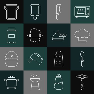 Şarap tirbuşonu, çay kaşığı, aşçı şapkası, et, yuvarlanan iğne hamurlu, reçelli ekmek kavanozu tostu ve tepsi dolusu yemek ikonuyla kaplanmış. Vektör.