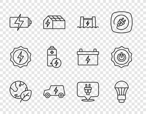 Definir Linha Globo Terrestre Folha Lâmpada Led Hidrelétrica Barragem Carro — Vetor de Stock