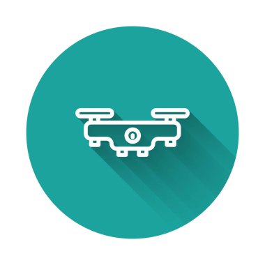 Siyah İHA uçan ikonu beyaz arka planda izole edildi. Video ve fotoğraf makinesi sembollü dörtlü helikopter. Sıvı şekilli soyut pankart. Vektör.