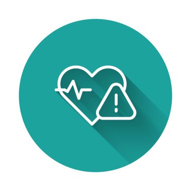 Beyaz çizgi kalp atış hızı ikonu uzun gölge arkaplan izole. Kalp atışı işareti. Kalp atışı ikonu. Kardiyogram simgesi. Yeşil daire düğmesi. Vektör.