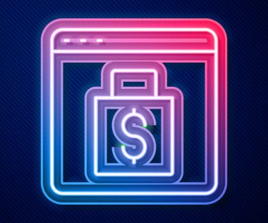 Parlayan neon hattı mavi arkaplanda izole edilmiş ekran simgesinden online alışveriş. Konsept e-ticaret, e-ticaret, online iş pazarlama. Vektör.