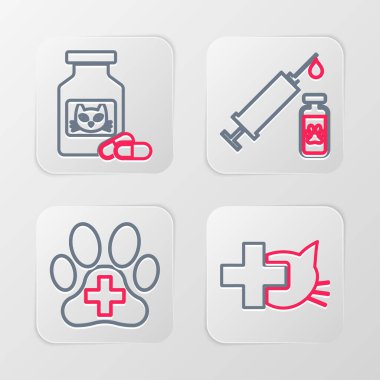 Veterinerlik kliniği şırıngasını hayvan aşısı, kedi ilacı şişesi ve ilaç ikonu ile ayarla. Vektör.