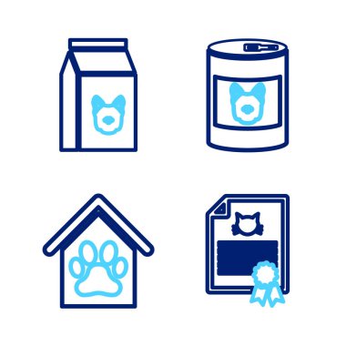Köpek ya da kedi köpek evi ve konserve evcil hayvan ve simge torbası için sertifika ayarla. Vektör.