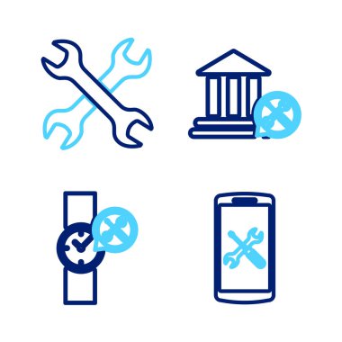 Hat Smartphone servis bilekliği Bank binasını ve çapraz anahtarlar simgesini ayarla. Vektör.